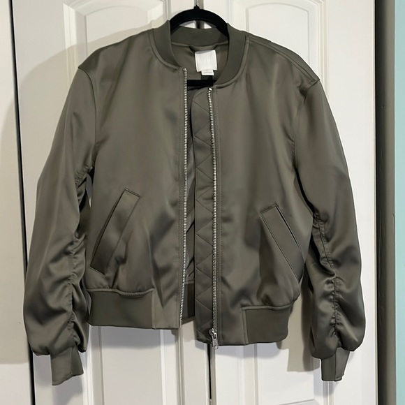 H&M Jackets & Coats Hm Olive Green Satin Bomber Jacket Poshmark